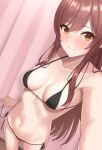  1girl bangs bare_shoulders bikini black_bikini black_ribbon blush breasts brown_hair cleavage closed_mouth collarbone commentary_request cowboy_shot curtains dutch_angle eyebrows_visible_through_hair helloet11 highres idolmaster idolmaster_shiny_colors indoors long_hair looking_at_viewer medium_breasts micro_bikini navel oosaki_amana outstretched_arm ribbon selfie side-tie_bikini sidelocks smile solo stomach swept_bangs swimsuit 