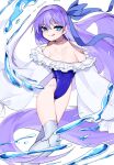  1girl :q armor bangs bare_shoulders blue_eyes blue_ribbon breasts choker fate/grand_order fate_(series) greaves hacco_mayu hair_ribbon highres leotard long_hair meltryllis_(fate) meltryllis_(swimsuit_lancer)_(fate) purple_hair ribbon simple_background sleeves_past_wrists small_breasts solo tongue tongue_out very_long_hair water white_background 