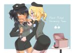  2girls ;o alternate_hairstyle andou_(girls_und_panzer) beret black_hair black_headwear black_jacket black_necktie black_skirt blonde_hair blue_eyes breast_pocket brown_eyes clenched_hand cosmetics cowboy_shot dark-skinned_female dark_skin dress_shirt emblem english_text from_side girls_und_panzer hat holding holding_lipstick_tube jacket japanese_tankery_league_(emblem) lipstick lipstick_tube long_sleeves looking_at_another makeup makeup_brush medium_hair military_hat multiple_girls necktie one_eye_closed oshida_(girls_und_panzer) pencil_skirt pocket salt-apple selection_university_(emblem) selection_university_military_uniform shirt short_ponytail skirt white_shirt yuri 