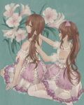  2girls absurdres aqua_background bare_shoulders bow brown_eyes brown_hair dress flower hair_bow hands_in_hair highres idolmaster idolmaster_shiny_colors kinakojojo kneeling long_hair looking_at_another multiple_girls oosaki_amana oosaki_tenka open_mouth pink_bow pink_dress pink_flower seiza siblings sisters sitting thighhighs twins twintails white_legwear 