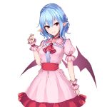  1girl absurdres ascot bangs bat_wings blue_hair breasts choker commentary dated_commentary dress frilled_choker frilled_shirt_collar frills hair_between_eyes highres junior27016 looking_at_viewer medium_breasts medium_hair pink_dress pointy_ears puffy_short_sleeves puffy_sleeves red_ascot red_eyes remilia_scarlet short_sleeves simple_background sketch smile solo touhou wings wrist_cuffs 