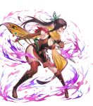 1girl alternate_costume armor asymmetrical_legwear aura bangs belt boots breasts brown_eyes brown_hair cape cleavage dagger dark_aura dress fire_emblem fire_emblem_fates fire_emblem_heroes full_body hair_ornament hair_over_one_eye highres holding holding_dagger holding_weapon kagero_(fire_emblem) kakage knee_boots knife large_breasts long_hair official_art open_mouth petals reverse_grip shiny shiny_hair shiny_skin short_dress single_thighhigh solo thighhighs thighs thorns tied_hair transparent_background weapon 