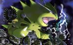  claws commentary_request electricity fangs from_side highres murkrow no_humans open_mouth pink_eyes pokemon pokemon_(creature) prassio rock tongue tyranitar 