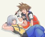  2boys black_gloves blue_eyes brown_hair chain cheek_pinching closed_eyes crossed_legs fingerless_gloves gloves grey_hair highres kakikuyeko3181 kingdom_hearts kingdom_hearts_i looking_at_another lying marker multiple_boys on_back one_eye_closed pinching riku_(kingdom_hearts) short_sleeves sora_(kingdom_hearts) spiked_hair sweatdrop white_gloves wristband yellow_footwear zipper 