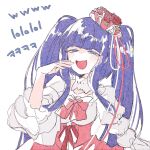  1girl :d bangs blue_eyes blue_hair blunt_bangs blush bow collar commentary_request corset dress eyebrows_visible_through_hair fang flower frilled_collar frilled_shirt_collar frilled_sleeves frills furudo_erika hair_flower hair_ornament half-closed_eyes hand_up highres korean_text laughing long_hair mura_konbane open_mouth pink_bow pink_dress red_flower red_ribbon red_rose ribbon rose sidelocks simple_background skin_fang smile smug solo translation_request twintails umineko_no_naku_koro_ni underbust v-shaped_eyebrows very_long_hair white_background white_dress 