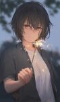  1girl bangs black_hair black_shirt blurry blurry_background breasts brown_eyes closed_mouth fireworks free_style_(yohan1754) highres large_breasts looking_at_viewer open_clothes open_shirt original shirt short_hair short_sleeves smile solo sparkler white_shirt 