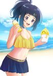  1girl :d absurdres beach blurry blurry_background breasts cleavage cloud cup disposable_cup gradient_hair hair_ornament hairclip highres holding holding_cup kimama_(fantastic) medium_breasts multicolored_hair navel ocean open_mouth outdoors purple_eyes shaved_ice shiroi_suna_no_aquatope skirt smile solo swimsuit teruya_tsukimi 