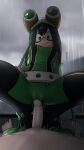  1boy 1girl :&gt; asui_tsuyu barefoot belt black_hair bodysuit boku_no_hero_academia breasts cameltoe clothed_female_nude_male cloud cloudy_sky commentary english_commentary erection frog_girl from_below girl_on_top gloves goggles goggles_on_head greatm8 green_bodysuit hair_between_eyes hetero highres long_hair looking_at_viewer looking_down lying navel nude on_back outdoors penis pov rain sky source_filmmaker_(medium) squatting uncensored 