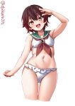  1girl adapted_costume bare_arms bare_legs bare_shoulders bikini blush brown_eyes brown_hair collarbone cowboy_shot crescent_moon cropped_legs ebifurya eyebrows_visible_through_hair green_sailor_collar hair_between_eyes highres kantai_collection looking_at_viewer moon mutsuki_(kancolle) navel neckerchief open_mouth red_neckerchief sailor_collar short_hair simple_background smile solo swimsuit twitter_username white_background white_bikini 