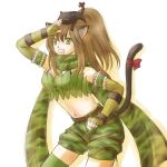  1girl :d animal_ears animal_on_head bangs belt black_cat breasts brown_belt camouflage camouflage_scarf camouflage_shorts cat cat_ears cat_on_head cat_tail cleavage commentary_request cowboy_shot drop_shadow eyebrows_visible_through_hair fingerless_gloves gloves green_gloves green_legwear green_scarf green_shorts green_tube_top high_ponytail long_hair looking_afar manoji medium_breasts midriff on_head open_mouth ragnarok_online ranger_(ragnarok_online) scarf shading_eyes shorts simple_background smile solo tail thighhighs white_background 