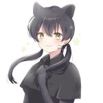  1girl :3 animal_ears black_gloves black_hair black_leopard_(kemono_friends) black_shirt collared_shirt commentary_request elbow_gloves extra_ears eyebrows_visible_through_hair flower gloves hand_in_hair highres kemono_friends leopard_ears leopard_girl long_hair looking_at_viewer momon_mc shirt short_sleeves signature solo twintails upper_body yellow_eyes 