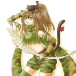  1girl :d animal_ears animal_on_head bangs belt black_cat bow_(weapon) breasts brown_belt camouflage camouflage_scarf camouflage_shorts cat cat_ears cat_on_head cat_tail cleavage commentary_request cowboy_shot drop_shadow eyebrows_visible_through_hair fingerless_gloves gloves green_gloves green_legwear green_scarf green_shorts green_tube_top high_ponytail holding holding_bow_(weapon) holding_weapon long_hair looking_afar manoji medium_breasts midriff on_head open_mouth ragnarok_online ranger_(ragnarok_online) scarf shading_eyes shorts simple_background smile solo tail thighhighs weapon white_background 