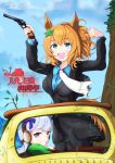  2girls animal_ears arsene_lupin_iii arsene_lupin_iii_(cosplay) blue_eyes bow car cosplay eyebrows_visible_through_hair formal gold_ship_(umamusume) ground_vehicle headgear high_ponytail highres horse_ears horse_girl horse_tail jigen_daisuke jigen_daisuke_(cosplay) kandasasuke long_hair lupin_iii motor_vehicle multiple_girls necktie pillbox_hat purple_bow purple_eyes scene_reference silver_hair smith_&amp;_wesson_model_19 smoke suit taiki_shuttle_(umamusume) tail umamusume white_necktie 