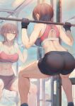  1girl abs ass blue_eyes blush breasts brown_hair cleavage commentary_request exercise fingerless_gloves gloves highres large_breasts looking_at_viewer mashuu_(neko_no_oyashiro) medium_hair mirror oomikado_himari original shorts solo sports_bra squatting sweat thighs track_lighting weightlifting 