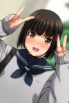  1girl :d absurdres bangs black_hair blue_neckerchief blue_sailor_collar blurry blurry_background blush brown_eyes depth_of_field dutch_angle eyebrows_visible_through_hair grey_sweater hands_up highres long_sleeves looking_at_viewer matsunaga_kouyou neckerchief nose_blush open_mouth original sailor_collar sleeves_past_wrists smile solo sweater teeth upper_body upper_teeth v 