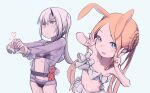  2girls abigail_williams_(fate) abigail_williams_(swimsuit_foreigner)_(fate) absurdres animal_ears bangs bare_shoulders bikini black_bikini blonde_hair blue_eyes blush braid breasts daisi_gi fate/grand_order fate_(series) forehead hair_rings heart heart_hands highres horns jacket lavinia_whateley_(fate) long_hair long_sleeves looking_at_viewer miniskirt multiple_girls navel open_mouth parted_bangs purple_eyes rabbit_ears see-through see-through_jacket sheer_clothes side_ponytail sidelocks single_horn skirt small_breasts smile stuffed_animal stuffed_toy swimsuit teddy_bear thighs twin_braids twintails very_long_hair white_bikini white_hair 