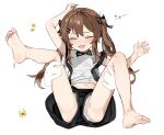  1girl barefoot bow brown_hair closed_eyes disembodied_limb feet full_body girls&#039;_frontline hair_bow hair_ornament hairclip laughing legs lying on_back open_mouth scar scar_across_eye soles solo spread_legs tickling toes twintails ump9_(girls&#039;_frontline) white_background younger yuki_hotaru 