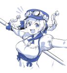  1girl blue_theme breasts gloves goggles goggles_on_headwear hat highres long_hair looking_at_viewer midriff monochrome navel open_mouth seigetsu_kotaku simple_background smile solo star_ocean star_ocean_anamnesis twintails welch_vineyard white_background 
