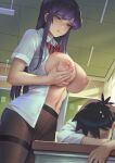  1boy 1girl black_hair black_legwear bow bowtie breasts censored classroom clothed_masturbation collared_shirt commentary_request crotch_rub desk fake_sleeping grabbing_own_breast hetero indoors komi-san_wa_komyushou_desu komi_shouko lactation large_breasts long_hair masturbation mosaic_censoring navel nipples no_bra no_panties open_clothes open_shirt pantyhose parted_lips purple_eyes purple_hair red_bow school_uniform self_fondle shirt solo_focus standing straight_hair striped striped_bow striped_bowtie sweatdrop table_sex tadano_hitohito thighband_pantyhose unfairr white_shirt window wing_collar 