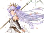  1girl arm_warmers bare_shoulders blue_eyes breasts dress granblue_fantasy headpiece holding holding_staff kakikuyeko3181 lily_(granblue_fantasy) long_hair looking_at_viewer pointy_ears silver_hair small_breasts smile staff white_background 
