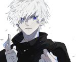  1boy black_shirt blue_eyes crossed_fingers ebanoniwa gojou_satoru hand_up highres jujutsu_kaisen looking_at_viewer male_focus parted_lips shirt short_hair simple_background solo upper_body white_background white_hair 