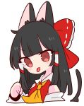  1girl animal_ears ascot black_hair bow cat_ears cat_tail collar detached_sleeves hair_bow hair_tubes hakurei_reimu highres long_hair nontraditional_miko op_na_yarou paw_pose red_bow red_eyes red_shirt ribbon_trim shirt sidelocks simple_background sleeveless solo tail touhou upper_body white_background white_collar yellow_ascot 
