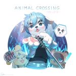 &gt;_&lt; 1girl 2boys animal_crossing animal_hands blue_eyes blue_hair body_fur cheering dog fangs furry gloves glowstick hand_fan headband heart heart_in_mouth holding holding_microphone isabelle_(animal_crossing) k.k._slider_(animal_crossing) microphone microphone_stand multiple_boys music open_mouth paper_fan paw_gloves ryota_(ry_o_ta) singing tanuki tearing_up tom_nook_(animal_crossing) uchiwa vest vintage_microphone white_gloves 