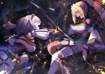  2girls blonde_hair bow_(weapon) braid breasts brown_eyes brown_sash cleavage crown_braid embers fighting flower_knot glint green_eyes grey_hair highres holding holding_bow_(weapon) holding_weapon hololive hololive_alternative jumping large_breasts long_hair mace mikan_(chipstar182) mole mole_on_breast multiple_girls obi ponytail sash shiranui_flare shirogane_noel single_thighhigh smile tassel thighhighs virtual_youtuber waist_cape weapon white_legwear 