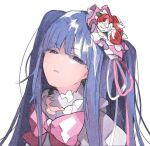  1girl bangs blue_eyes blue_hair blunt_bangs bow bowtie bright_pupils collar commentary disgust eyebrows_visible_through_hair flower frilled_collar frills furudo_erika hair_flower hair_ornament hair_ribbon half-closed_eyes long_hair looking_at_viewer mura_konbane parted_lips pink_bow pink_bowtie pink_ribbon puffy_short_sleeves puffy_sleeves red_flower red_rose ribbon rose short_sleeves simple_background solo umineko_no_naku_koro_ni upper_body white_background white_ribbon 