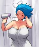  1girl bare_shoulders bathroom blue_hair breasts cleavage clock closed_eyes curtains curvy drying drying_hair erkaz hair_dryer highres huge_breasts medium_hair naked_towel original rina_atherina short_hair smile towel 