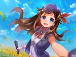  1girl akooyama blue_eyes blue_sky brown_hair flower hair_blowing hair_ornament highres hololive long_hair looking_at_viewer microphone open_mouth outdoors sky smile solo star_(symbol) star_hair_ornament sunflower tokino_sora upper_body vest virtual_youtuber web_address 
