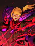  1girl 33dot absurdres angry arm_cannon aura blonde_hair glowing glowing_eyes glowing_hand gravity_suit highres metroid metroid_dread metroid_suit open_mouth ponytail red_eyes red_lightning samus_aran solo spoilers transforming_clothes upper_body veins weapon 