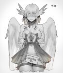  1girl absurdres bangs blush bound bound_wrists braid breasts caramel_(less) commentary cowboy_shot english_text eyebrows_visible_through_hair feathered_wings feathers frown greyscale griffon_(monster_girl_encyclopedia) hair_between_eyes highres less looking_at_viewer medium_breasts medium_hair monochrome monster_girl monster_girl_encyclopedia navel neck_ribbon nose_blush ribbon ribbon_bondage scales sign simple_background solo thigh_ribbon twin_braids wings 