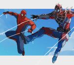  2boys aqua_eyes armor bbbb_fex belt black_armor blue_eyes bodysuit crossover demons_driver driver gloves highres kamen_rider kamen_rider_demons kamen_rider_revice male_focus marvel marvel_cinematic_universe mask multiple_boys red_armor silk spider-man spider-man_(series) spider_web spider_web_print spiked_armor superhero tokusatsu trait_connection 