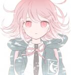  1girl 8takenokonosato8 backpack bag bangs black_jacket breasts collared_shirt danganronpa_(series) danganronpa_2:_goodbye_despair dress_shirt face flipped_hair hair_ornament hood hood_down jacket large_breasts looking_at_viewer medium_hair messy_hair nanami_chiaki neck_ribbon open_clothes open_jacket open_mouth pink_bag pink_eyes pink_ribbon ribbon shirt simple_background solo upper_body white_background white_shirt 