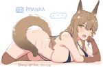  ... 1girl alternate_costume animal_ears arknights blue_swimsuit blush breast_press breasts brown_gloves brown_hair brown_legwear character_name commentary dated elbow_gloves eyebrows_visible_through_hair fox_ears fox_girl fox_tail franka_(arknights) full_body gloves hair_between_eyes half_updo konigstigerchan large_breasts long_hair looking_at_viewer lying on_stomach open_mouth scowl sideboob simple_background slingshot_swimsuit solo spoken_ellipsis sweat swimsuit tail tail_censor thighhighs twitter_username v-shaped_eyebrows white_background yellow_eyes 