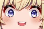  1girl :d blonde_hair blush close-up hair_ornament hairclip hololive looking_at_viewer mikan_(chipstar182) open_mouth purple_eyes smile solo teeth tsunomaki_watame upper_teeth virtual_youtuber wide-eyed 