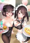  2girls absurdres animal_ears apron balloon bare_shoulders black_legwear black_leotard blue_eyes blurry blurry_background blush breast_press breasts brown_hair burger cleavage collarbone commentary_request covered_navel cup detached_collar drink drinking_straw earrings fake_animal_ears fishnet_legwear fishnets food frills heart highres indoors jewelry kazanock large_breasts leotard long_hair looking_at_viewer maid midriff multiple_girls navel omurice open_mouth original pantyhose playboy_bunny rabbit_ears red_eyes short_hair short_sleeves smile strapless symmetrical_docking tea teacup tears thighhighs thighs tongue tongue_out tray two_side_up wrist_cuffs zettai_ryouiki 