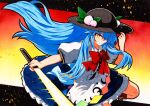 1girl apron blouse blue_bow blue_hair blue_skirt boots bow bowtie buttons dress_shirt food frills fruit hat hinanawi_tenshi long_hair peach puffy_short_sleeves puffy_sleeves qqqrinkappp rainbow_order red_bow red_eyes ribbon shirt short_sleeves skirt solo sword_of_hisou touhou traditional_media white_blouse white_shirt wing_collar 