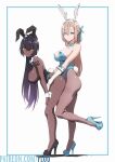  2girls ahoge animal_ears asuna_(blue_archive) asymmetrical_bangs bangs bent_over black_footwear black_hair black_leotard blue_archive blue_bow blue_eyes blue_footwear blue_leotard blush bow bowtie breasts brown_hair brown_legwear cleavage commentary_typo dark-skinned_female dark_skin detached_collar embarrassed english_commentary fake_animal_ears fake_tail fishnet_legwear fishnets flou from_side full_body gloves grabbing grabbing_from_behind hair_ornament hair_over_one_eye high_heels highleg highleg_leotard highres huge_ahoge impossible_clothes impossible_leotard interracial karin_(blue_archive) large_breasts leg_lift leotard long_hair looking_at_viewer looking_to_the_side multiple_girls number_tattoo orange_eyes pantyhose playboy_bunny rabbit_ears rabbit_tail reward_available sexually_suggestive shoulder_tattoo sideboob smile stiletto_heels strapless strapless_leotard tail tattoo thighband_pantyhose torso_grab touching white_gloves wrist_cuffs yuri 