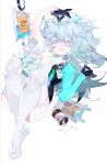  1girl blue_eyes blue_hair commentary_request dripping drugs full_body girls&#039;_frontline girls&#039;_frontline_neural_cloud gloves hair_between_eyes hat highres id_card intravenous_drip long_hair lying messy_hair no_shoes nurse_cap on_back pa-15_(girls&#039;_frontline) pill pill_bottle rai_(97417) saliva sharp_teeth simple_background solo teeth thighhighs white_background 