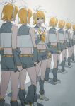  6+girls arm_warmers bandage_on_face bandages belt blonde_hair blood blood_on_face blue_eyes bow clone collar collared_shirt commentary crop_top english_commentary from_behind grey_collar grey_legwear grey_shorts hair_bow highres holding holding_knife holding_microphone indoors kagamine_rin knife leg_warmers looking_to_the_side microphone midriff multiple_girls navel odd_one_out parted_lips shadow shirt short_hair short_shorts shorts sleeveless sleeveless_shirt standing vocaloid white_bow white_footwear white_shirt wounds404 