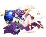  1girl absurdres ankle_bow ankle_ribbon ass barefoot black_eyes black_hair bow breasts bridal_gauntlets cup fate/grand_order fate_(series) full_body gourd headpiece highres horns knees_up lying on_back oni oni_horns petals pointy_ears ribbon sakazuki shuten_douji_(fate) small_breasts solo thick_eyebrows toes white_background whitekuma 