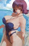  1girl bangs bare_shoulders beach between_breasts blue_sky breasts closed_mouth cloud covered_navel covered_nipples cutesexyrobutts day highres jewelry large_breasts looking_at_viewer necklace patreon_logo patreon_username philena_ivy pokemon pokemon_(anime) pokemon_(classic_anime) purple_eyes purple_hair sand shore short_hair sky solo strapless strapless_swimsuit swimsuit thighs water waves web_address 