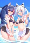  2girls absurdres anichika animal_ear_fluff animal_ears apron arm_garter bangs bikini black_bikini black_hair black_skirt blue_eyes blue_sky breasts brown_eyes commentary_request day eyebrows_visible_through_hair fox_ears fox_girl fox_tail frilled_bikini frills hair_between_eyes highres hololive long_hair looking_at_viewer maid_bikini medium_breasts multicolored_hair multiple_girls navel ookami_mio open_mouth outdoors ponytail red_hair shirakami_fubuki skirt sky stomach streaked_hair swimsuit tail twintails v v_arms virtual_youtuber wading waist_apron water white_apron wolf_ears wolf_girl wolf_tail 