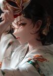  1girl artist_name brown_eyes brown_hair face floral_print fox_mask japanese_clothes kimono mask mocca_(mocca_nine) original parted_lips removing_mask solo yukata 