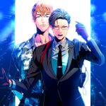 2boys black_hair black_necktie brown_hair busujima_riou_mason camouflage camouflage_jacket formal frown glasses gloves hand_up holding holding_microphone hypnosis_mic hypnosis_mic:_rule_the_stage iruma_juuto jacket male_focus microphone multiple_boys necktie open_mouth red-framed_eyewear red_gloves standing suit vivienne9westwood walkie-talkie 