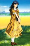  1990s_(style) 1girl blue_eyes blue_hair brown_footwear day dress fujiwara_aya full_body highres holding holding_notebook loafers long_dress long_hair notebook official_art outdoors retro_artstyle scan shoes short_sleeves solo standing super_real_mahjong tanaka_ryou v_arms white_legwear wristband 