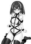  1girl alternate_costume anklet arknights bdsm bikini blush bondage bound breasts chain cleavage closed_mouth commentary_request earrings eyebrows_visible_through_hair from_above full_body greyscale highres jewelry looking_at_viewer magallan_(arknights) medium_breasts monochrome multicolored_hair navel o-ring short_hair sigm@ simple_background single_earring sitting solo strap streaked_hair string_bikini swimsuit thighhighs thong_bikini two-tone_hair wariza white_background 