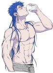  1boy abs adam&#039;s_apple alternate_hairstyle biceps blue_hair chxusil closed_eyes collarbone cu_chulainn_(fate) cu_chulainn_(fate/stay_night) cup drawstring drinking drinking_glass earrings fate/stay_night fate_(series) groin hair_down holding holding_cup jewelry korean_commentary long_hair male_focus muscular muscular_male navel nipples pectorals simple_background solo spiked_hair topless_male water white_background 